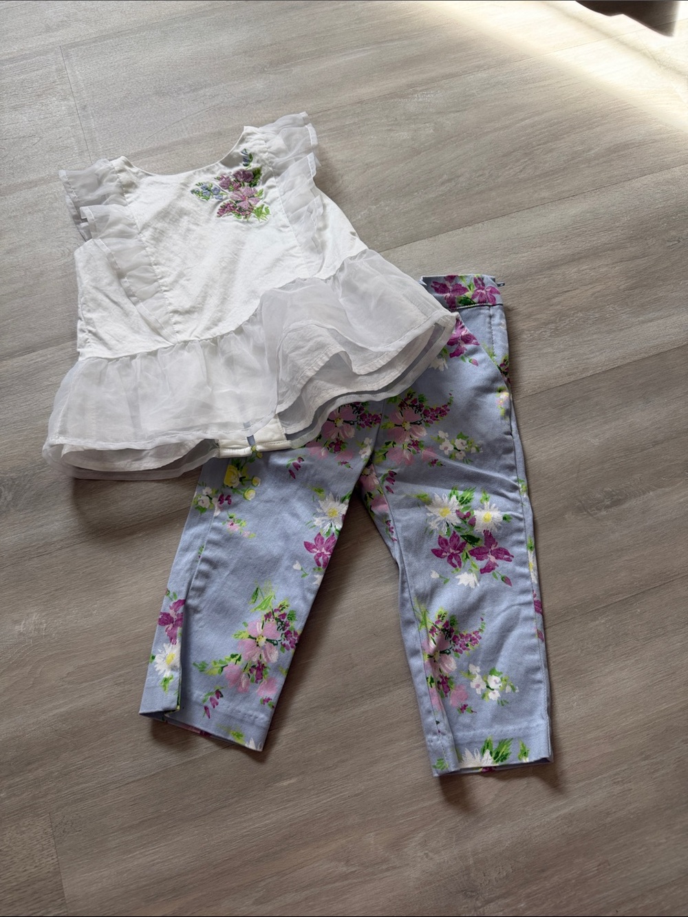 Janie and Jack Light Blue Floral Capri pants and top with Pink & Purple Blooms